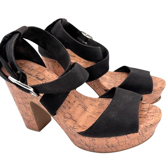 American Eagle Block Platform Heels Women's Size 7.5 Black Canvas Strap Buckle - Picture 1 of 11